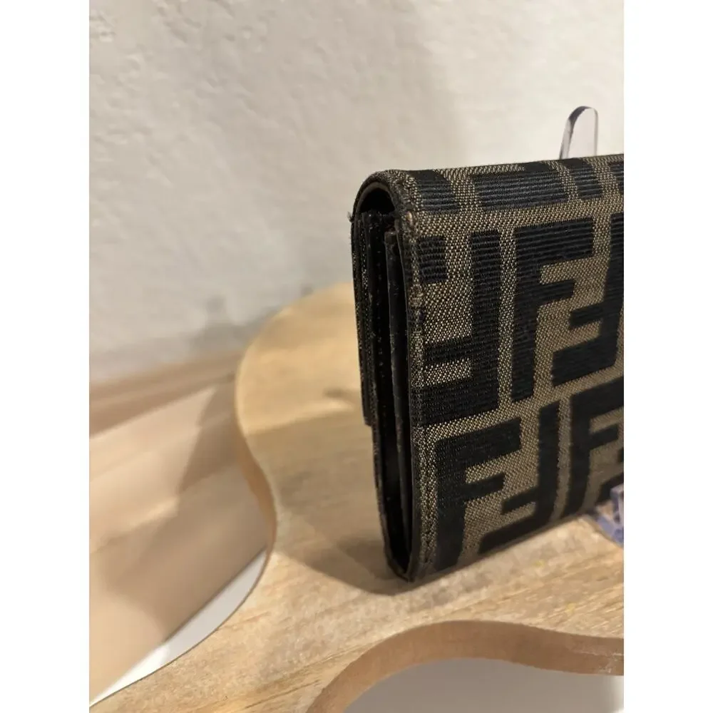 Fendi FF Zucca Logo Long Clutch Flap Wallet Credit Card Zipper Brown Black